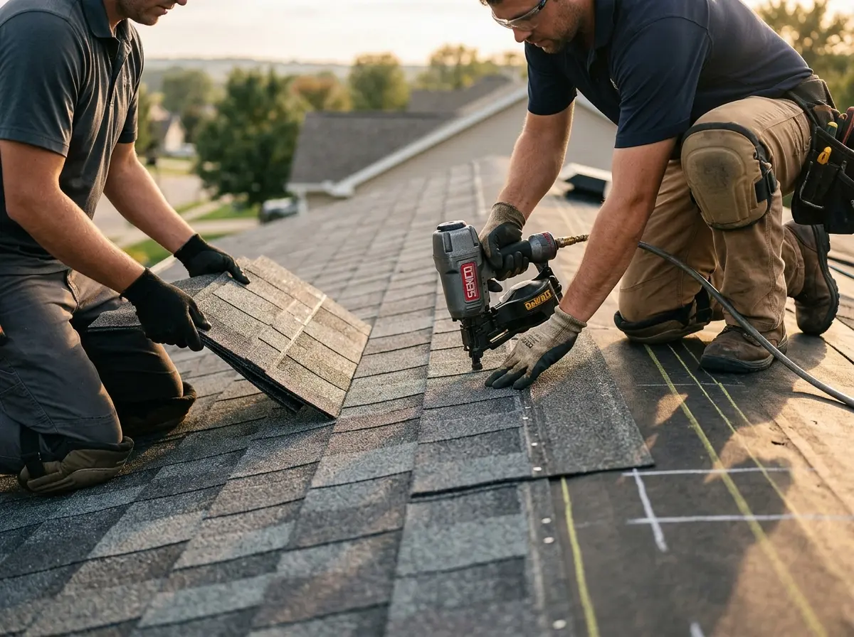 Professional roofer working on a residential roof in Solon